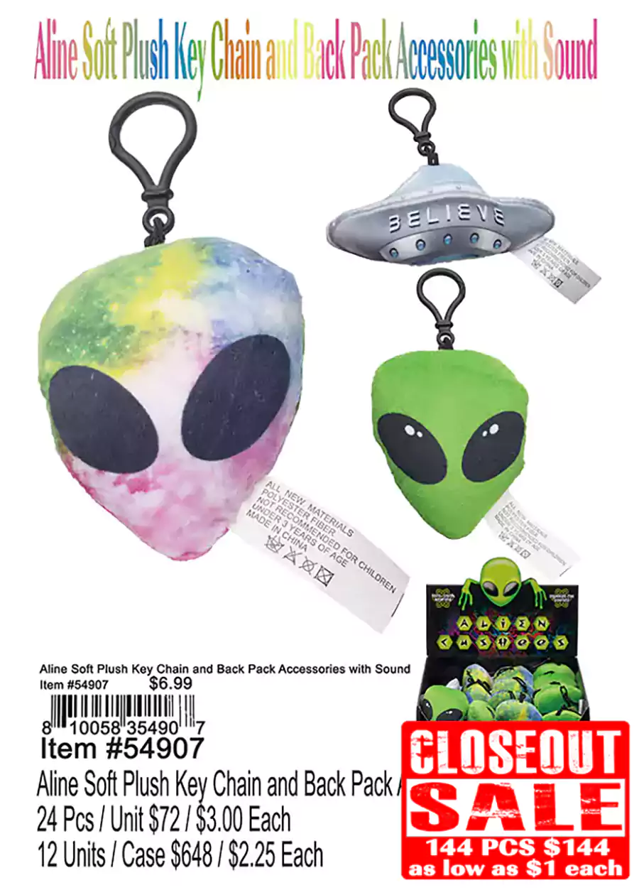 Alien Soft Plush Keychain and Backpack Accessories with Sound - Closeout 144 Pcs.